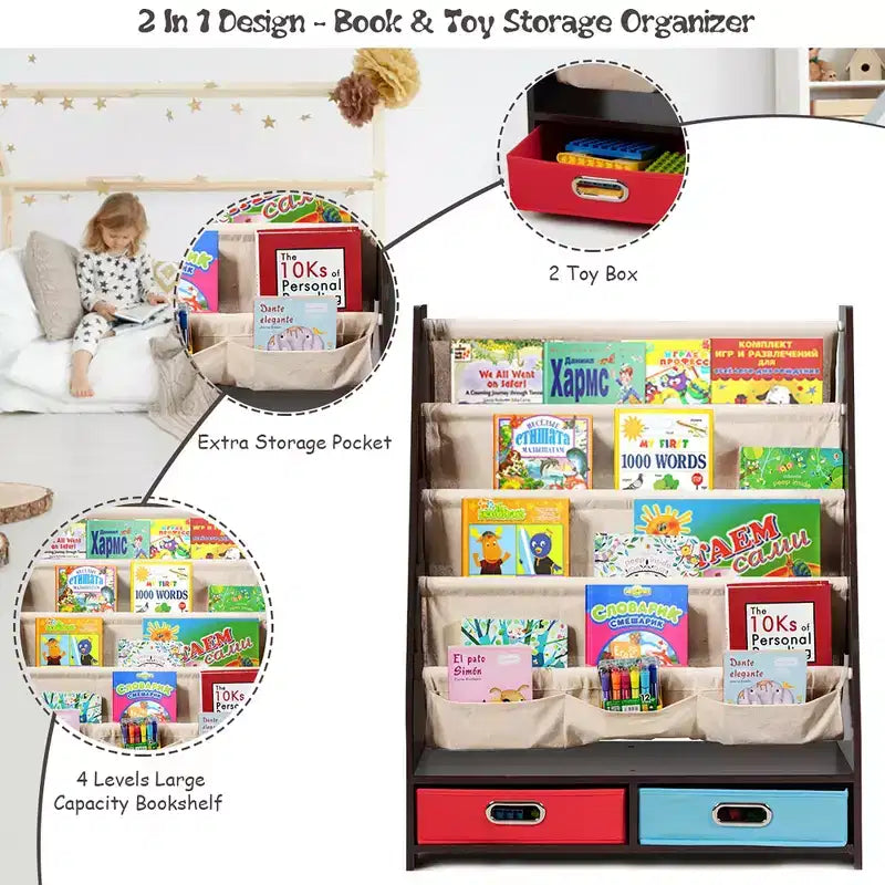 Organisateur de jouets et bibliothèque pour enfants Costway avec 4 bacs de rangement en tissu et 2 boîtes, expresso/beige