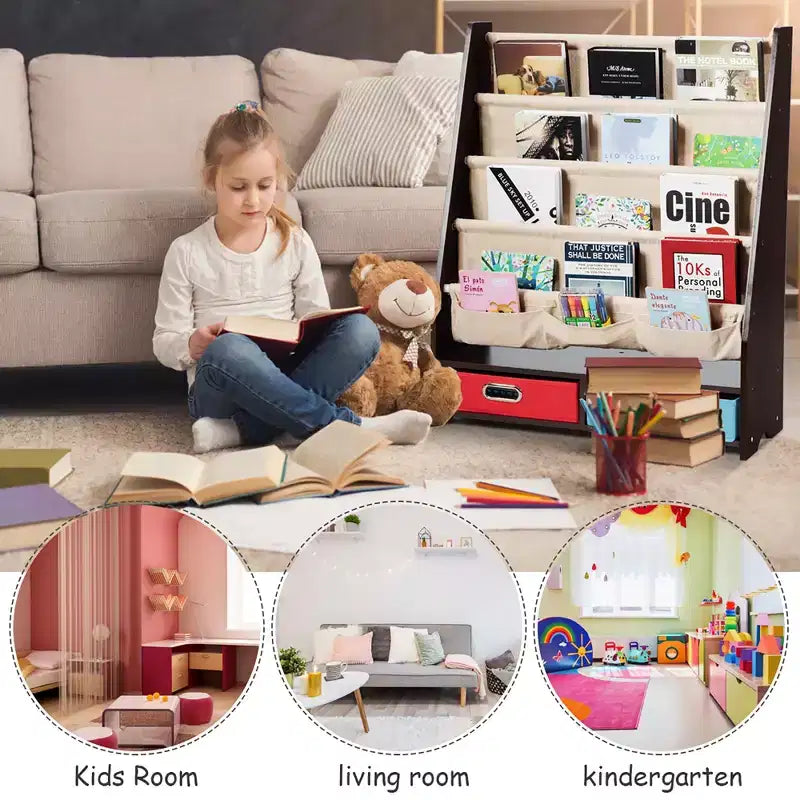 Organisateur de jouets et bibliothèque pour enfants Costway avec 4 bacs de rangement en tissu et 2 boîtes, expresso/beige