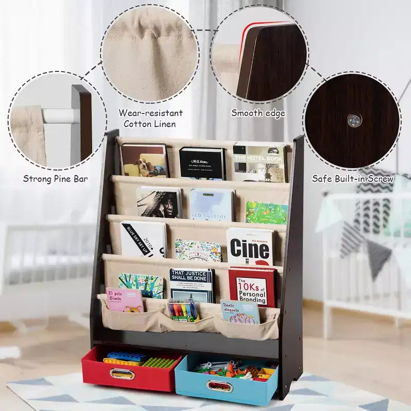 Organisateur de jouets et bibliothèque pour enfants Costway avec 4 bacs de rangement en tissu et 2 boîtes, expresso/beige