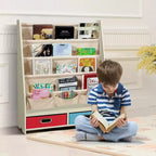Organisateur de jouets et bibliothèque pour enfants Costway avec 4 bacs de rangement en tissu et 2 boîtes, expresso/beige