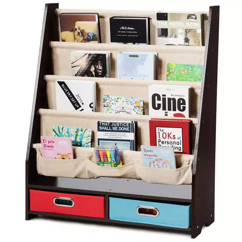 Organisateur de jouets et bibliothèque pour enfants Costway avec 4 bacs de rangement en tissu et 2 boîtes, expresso/beige