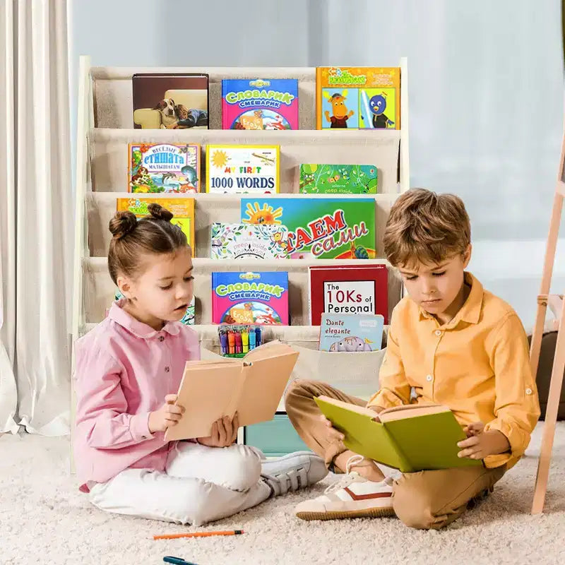 Organisateur de jouets et bibliothèque pour enfants Costway avec 4 bacs de rangement en tissu et 2 boîtes, expresso/beige