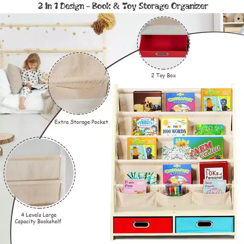 Organisateur de jouets et bibliothèque pour enfants Costway avec 4 bacs de rangement en tissu et 2 boîtes, expresso/beige