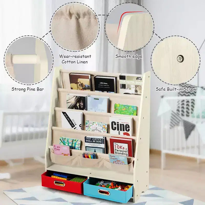 Organisateur de jouets et bibliothèque pour enfants Costway avec 4 bacs de rangement en tissu et 2 boîtes, expresso/beige