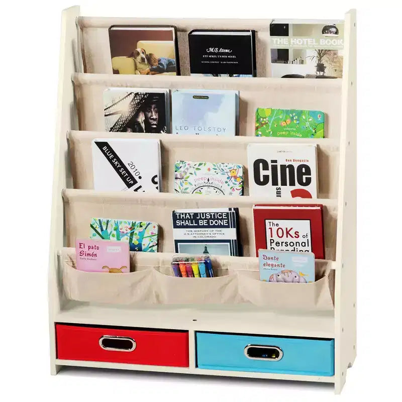 Organisateur de jouets et bibliothèque pour enfants Costway avec 4 bacs de rangement en tissu et 2 boîtes, expresso/beige