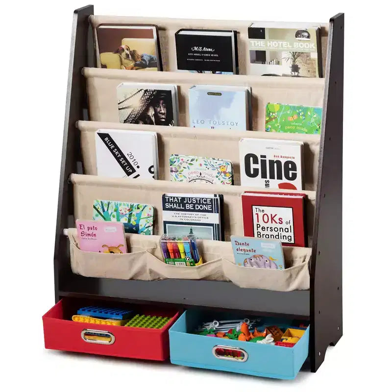 Organisateur de jouets et bibliothèque pour enfants Costway avec 4 bacs de rangement en tissu et 2 boîtes, expresso/beige