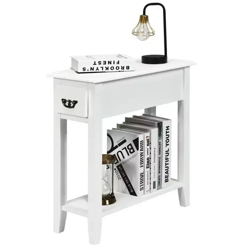 Costway 2 Tier End Bedside Sofa Side Table Narrow Nightstand w/Drawer &Shelf White