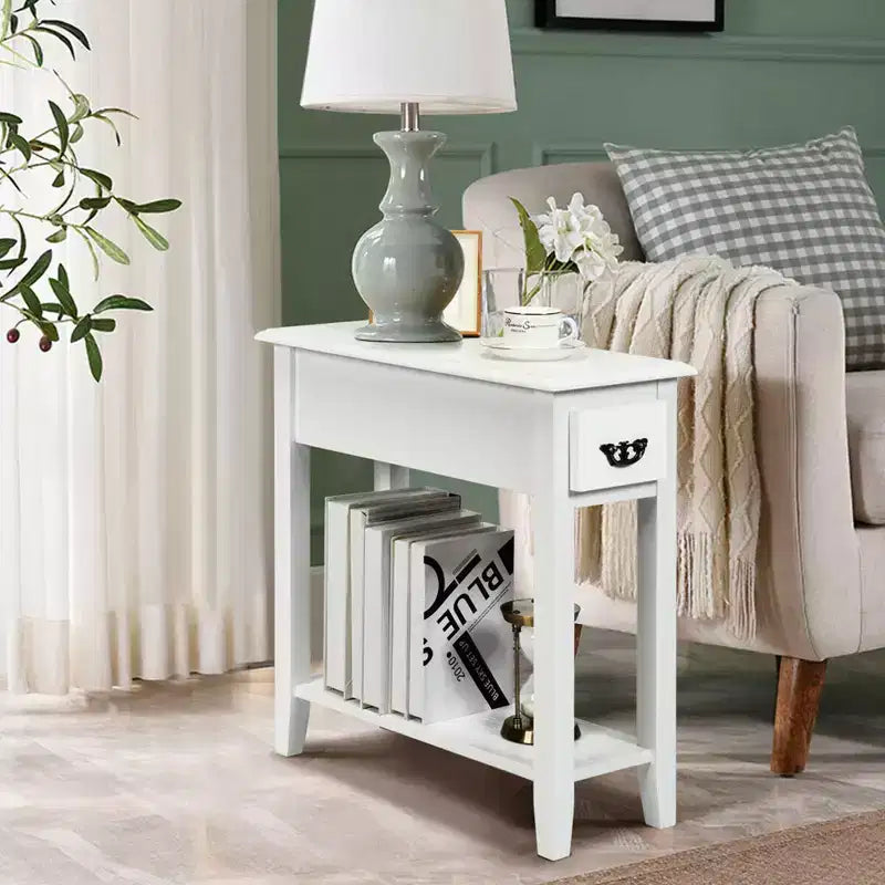 Costway Table d'appoint de chevet à 2 niveaux avec tiroir et étagère, Blanc