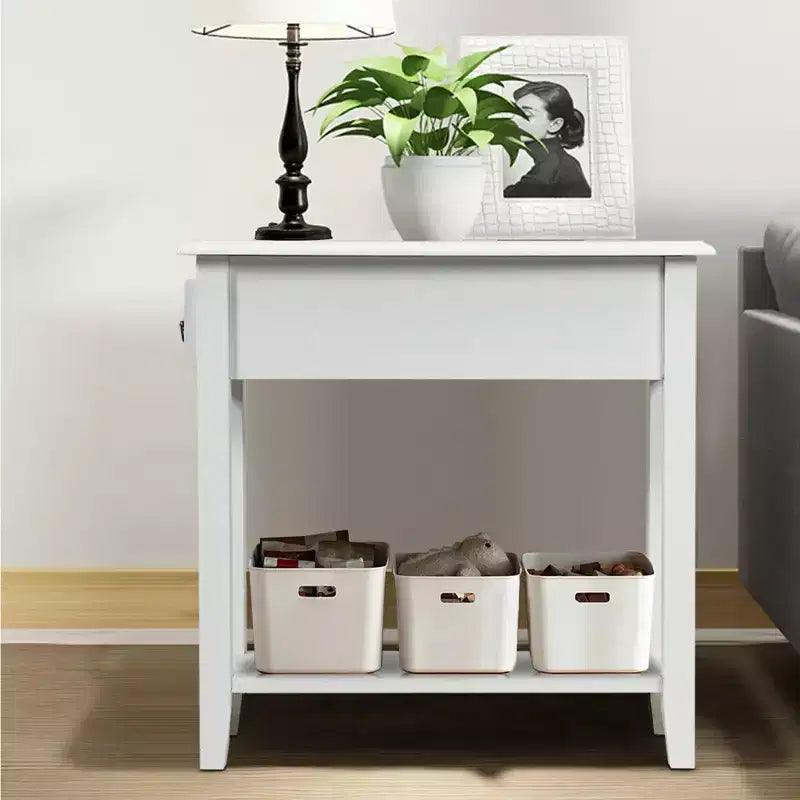 Costway Table d'appoint de chevet à 2 niveaux avec tiroir et étagère, Blanc