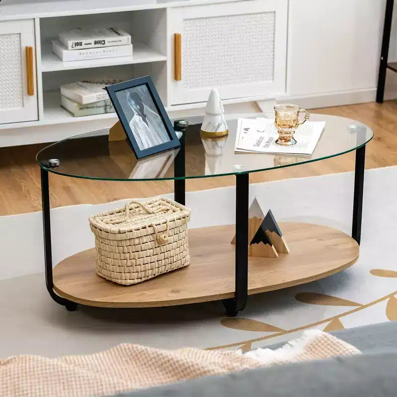 Table basse Costway à plateau en verre, table d'appoint moderne ovale à 2 niveaux avec étagère de rangement