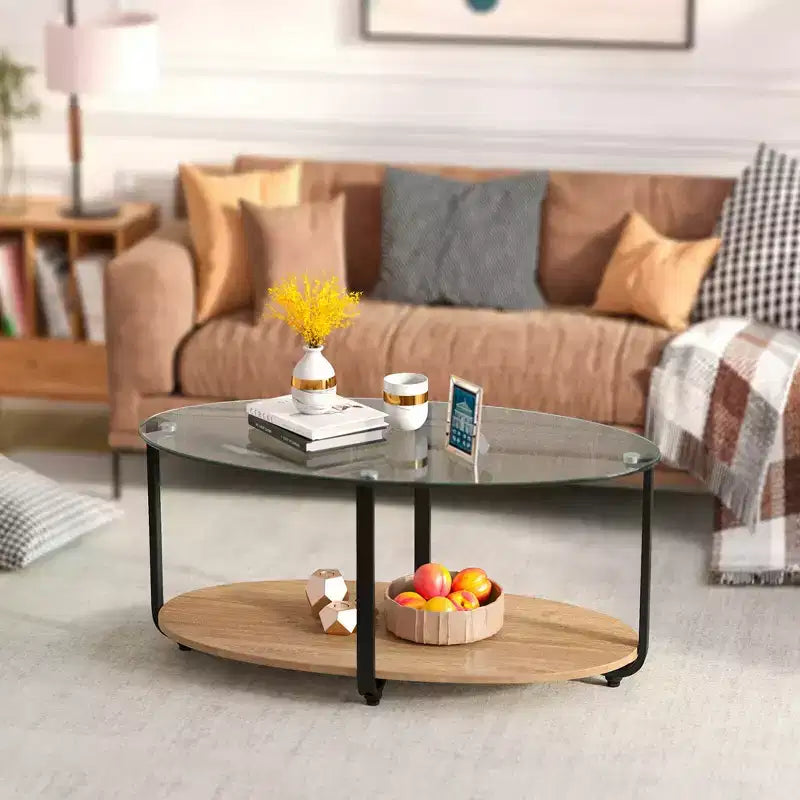 Table basse Costway à plateau en verre, table d'appoint moderne ovale à 2 niveaux avec étagère de rangement