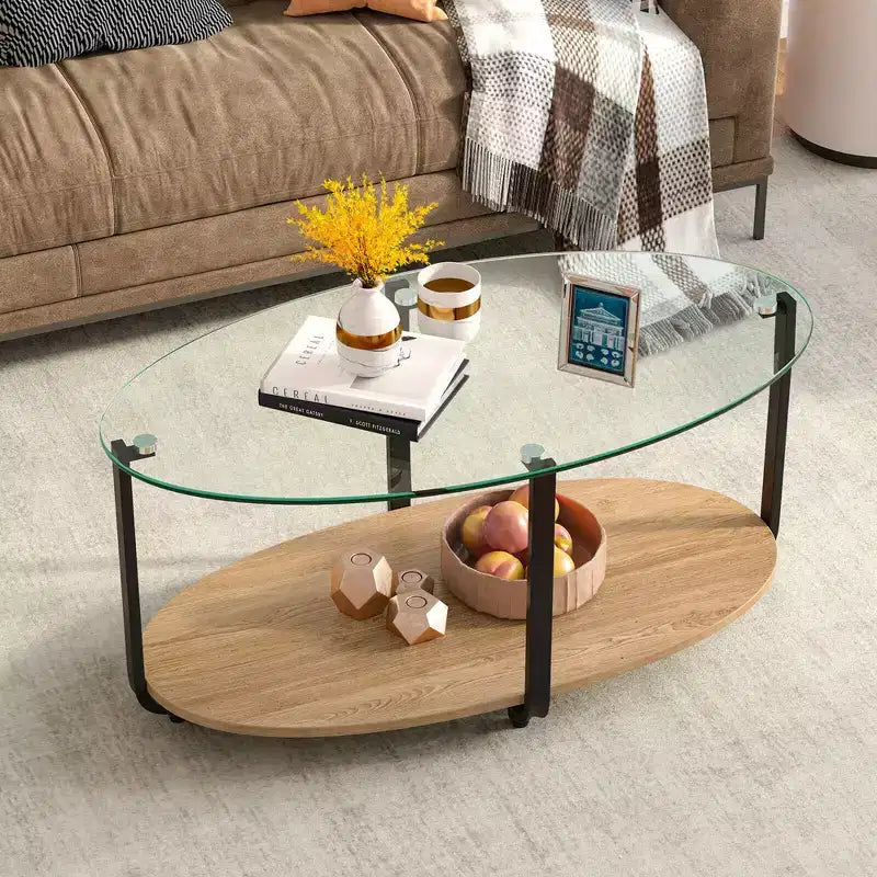Table basse Costway à plateau en verre, table d'appoint moderne ovale à 2 niveaux avec étagère de rangement