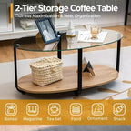 Table basse Costway à plateau en verre, table d'appoint moderne ovale à 2 niveaux avec étagère de rangement