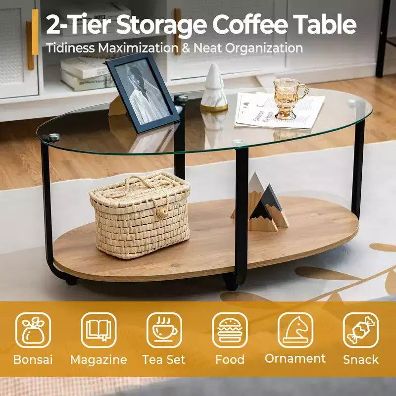 Table basse Costway à plateau en verre, table d'appoint moderne ovale à 2 niveaux avec étagère de rangement
