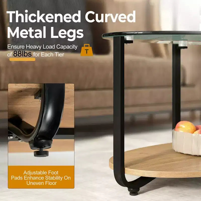 Table basse Costway à plateau en verre, table d'appoint moderne ovale à 2 niveaux avec étagère de rangement