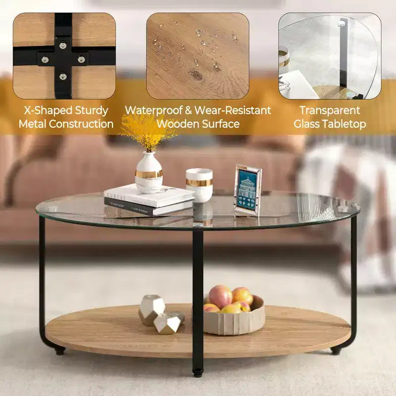 Table basse Costway à plateau en verre, table d'appoint moderne ovale à 2 niveaux avec étagère de rangement
