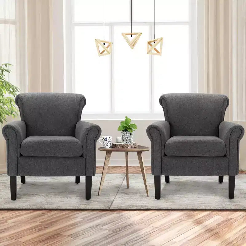 Lot de 2 fauteuils d'appoint en tissu rembourré Costway avec pieds en bois d'hévéa Gris foncé/Gris clair