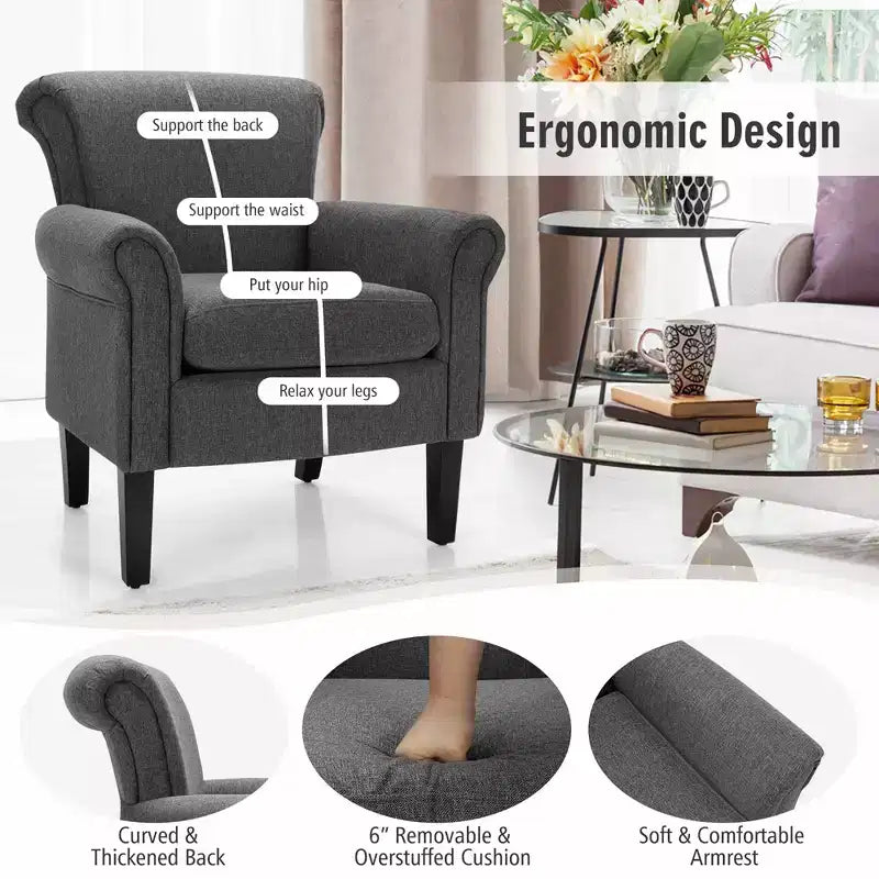 Lot de 2 fauteuils d'appoint en tissu rembourré Costway avec pieds en bois d'hévéa Gris foncé/Gris clair