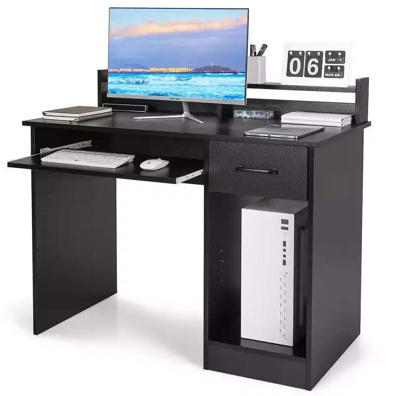 Bureau informatique de 22 pouces de large Costway, table d'étude pour ordinateur portable avec tiroir et tablette pour clavier Blanc/Noir