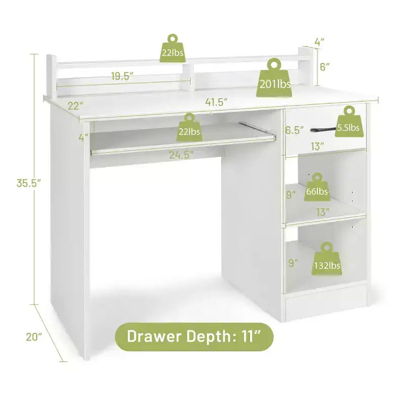 Bureau informatique de 22 pouces de large Costway, table d'étude pour ordinateur portable avec tiroir et tablette pour clavier Blanc/Noir