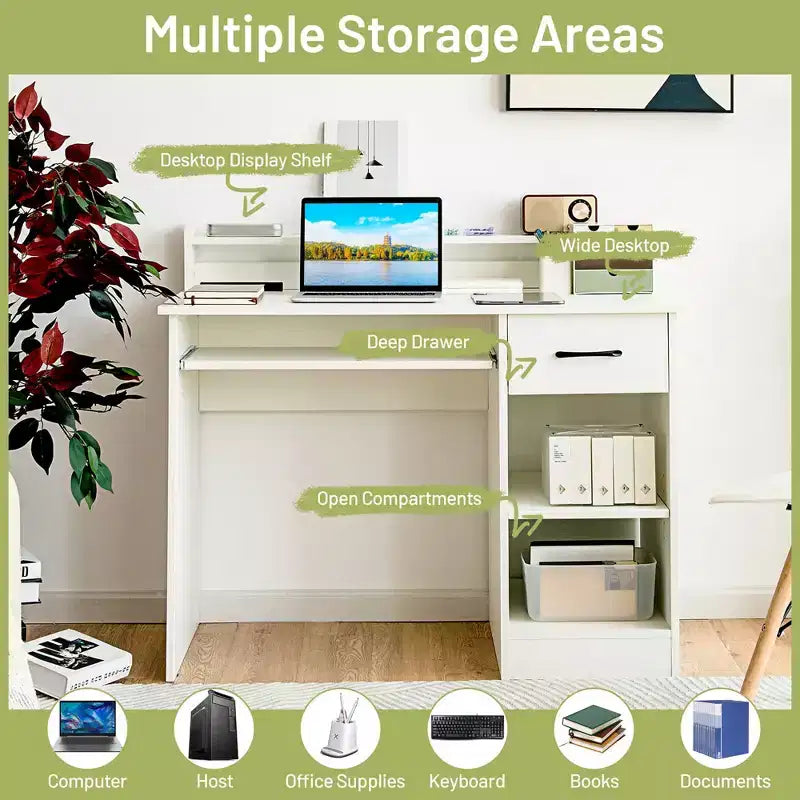Bureau informatique de 22 pouces de large Costway, table d'étude pour ordinateur portable avec tiroir et tablette pour clavier Blanc/Noir