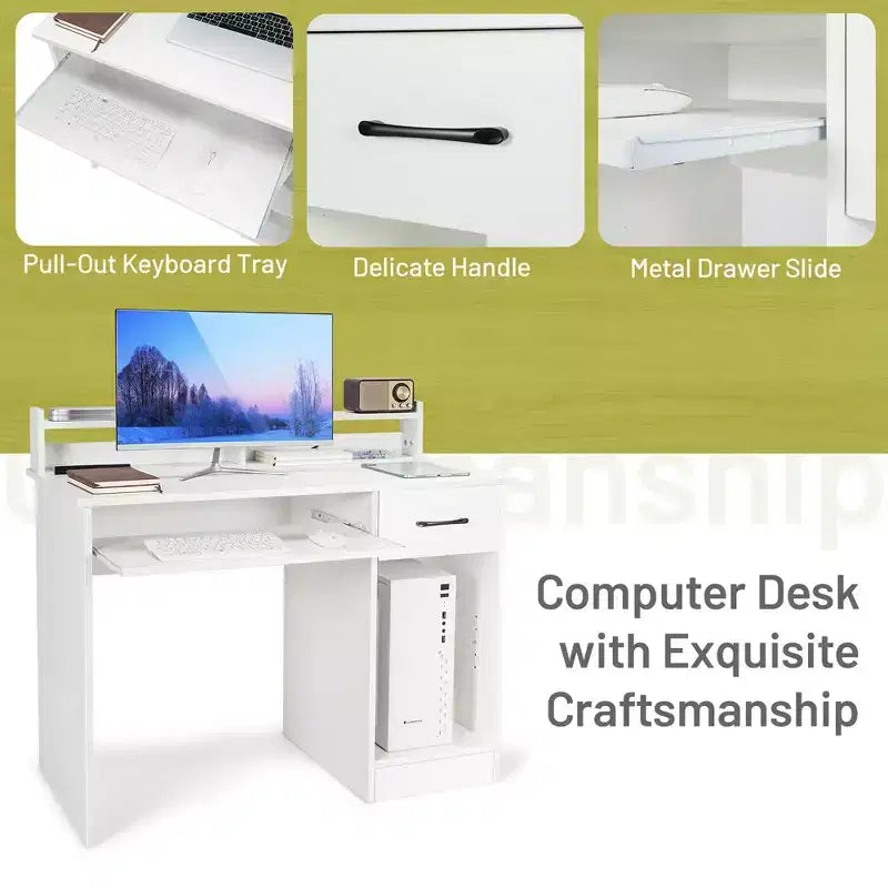 Bureau informatique de 22 pouces de large Costway, table d'étude pour ordinateur portable avec tiroir et tablette pour clavier Blanc/Noir
