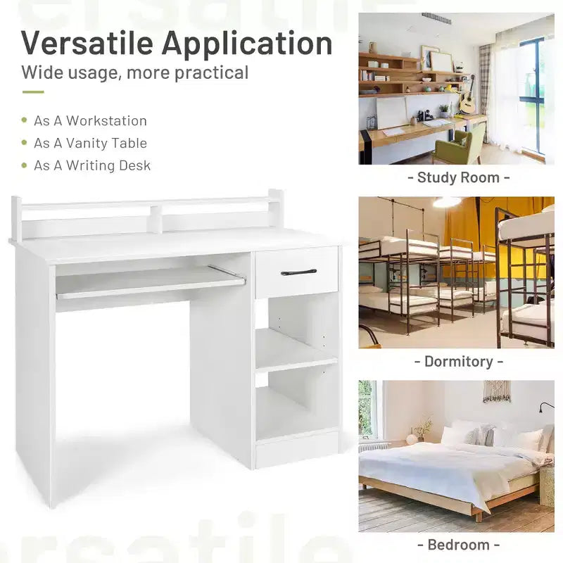 Bureau informatique de 22 pouces de large Costway, table d'étude pour ordinateur portable avec tiroir et tablette pour clavier Blanc/Noir