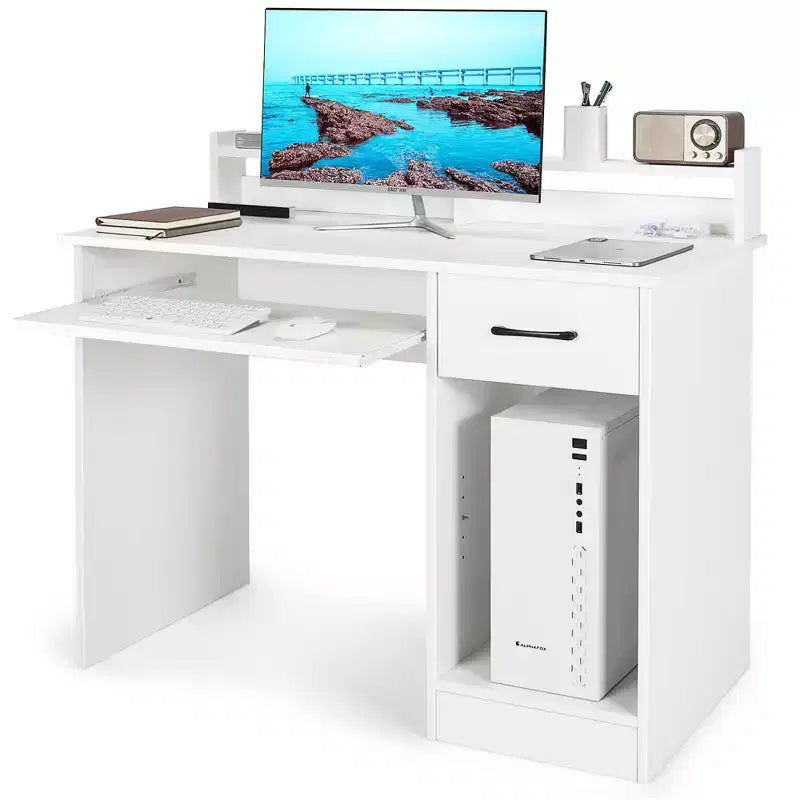 Bureau informatique de 22 pouces de large Costway, table d'étude pour ordinateur portable avec tiroir et tablette pour clavier Blanc/Noir