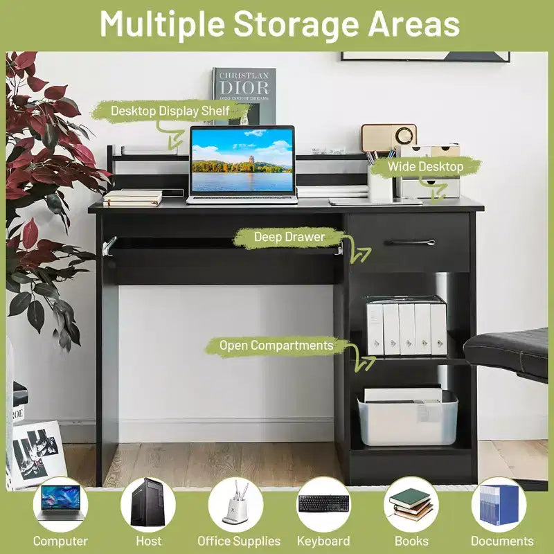 Bureau informatique de 22 pouces de large Costway, table d'étude pour ordinateur portable avec tiroir et tablette pour clavier Blanc/Noir