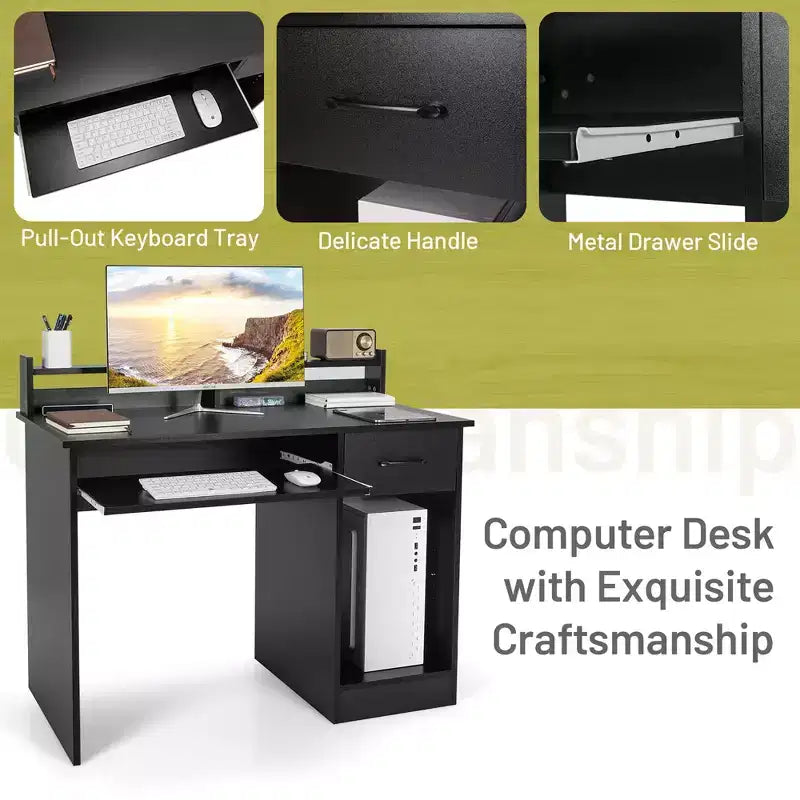 Bureau informatique de 22 pouces de large Costway, table d'étude pour ordinateur portable avec tiroir et tablette pour clavier Blanc/Noir