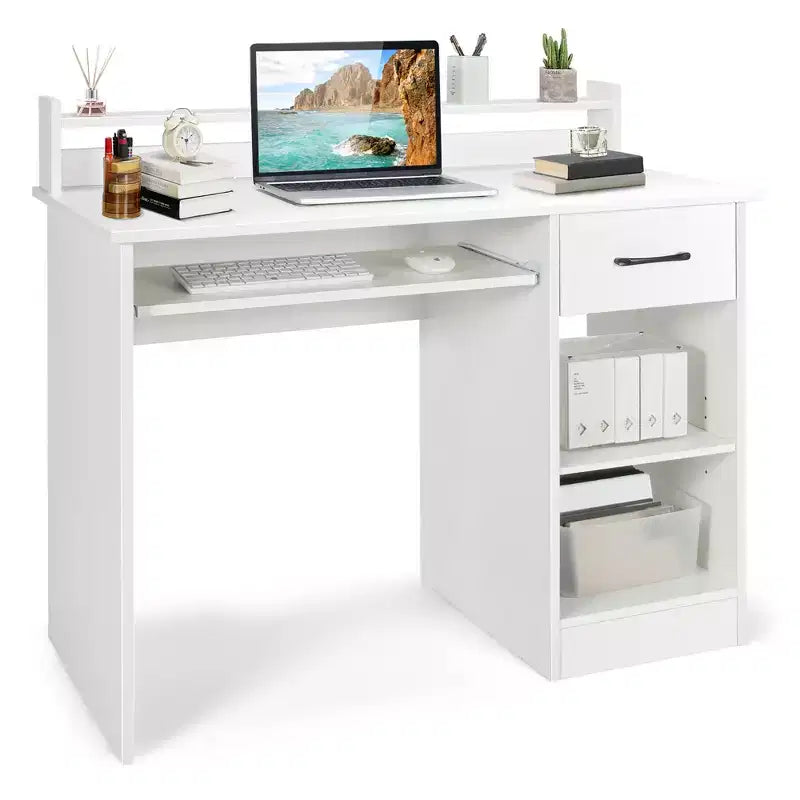 Bureau informatique de 22 pouces de large Costway, table d'étude pour ordinateur portable avec tiroir et tablette pour clavier Blanc/Noir