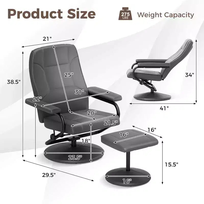 Fauteuil inclinable Costway avec repose-pieds, dossier réglable, siège rembourré, pour chambre à coucher Gris/Marron/Noir