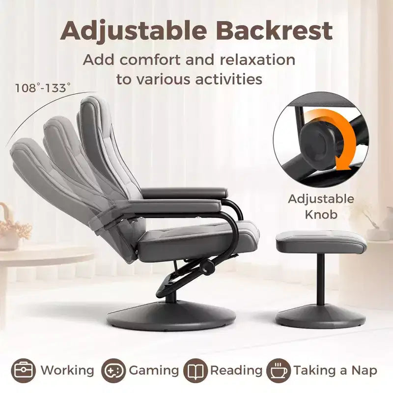Fauteuil inclinable Costway avec repose-pieds, dossier réglable, siège rembourré, pour chambre à coucher Gris/Marron/Noir