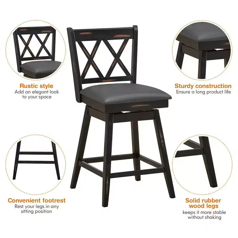 Costway Lot de 2/4 tabourets de bar pivotants à hauteur de comptoir avec pieds en bois d'hévéa noir/blanc