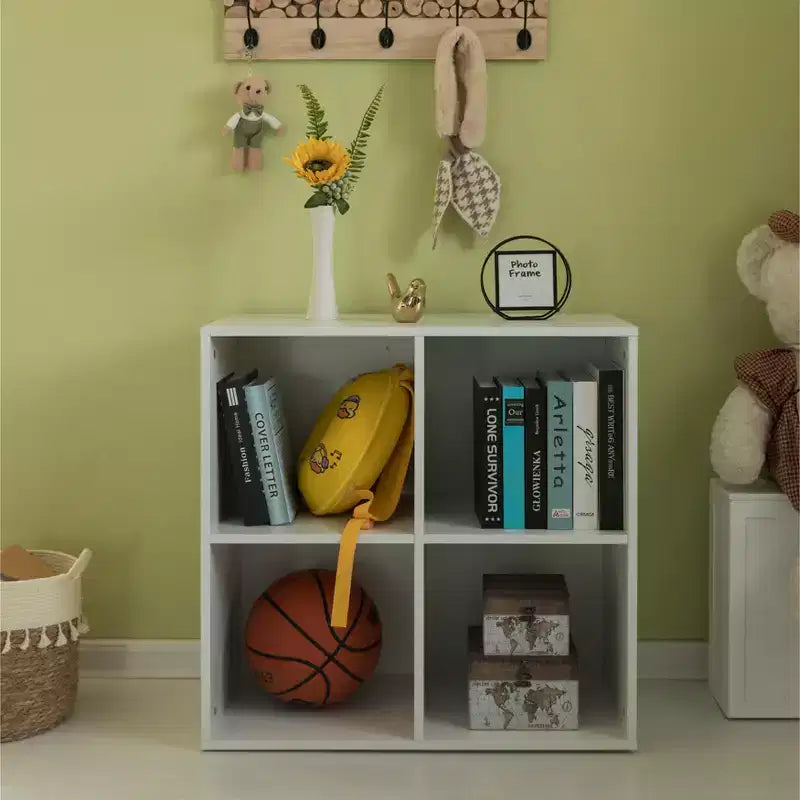 Étagère de rangement de jouets en bois moderne Basicwise, organisateur à 4 cubes, bibliothèque carrée