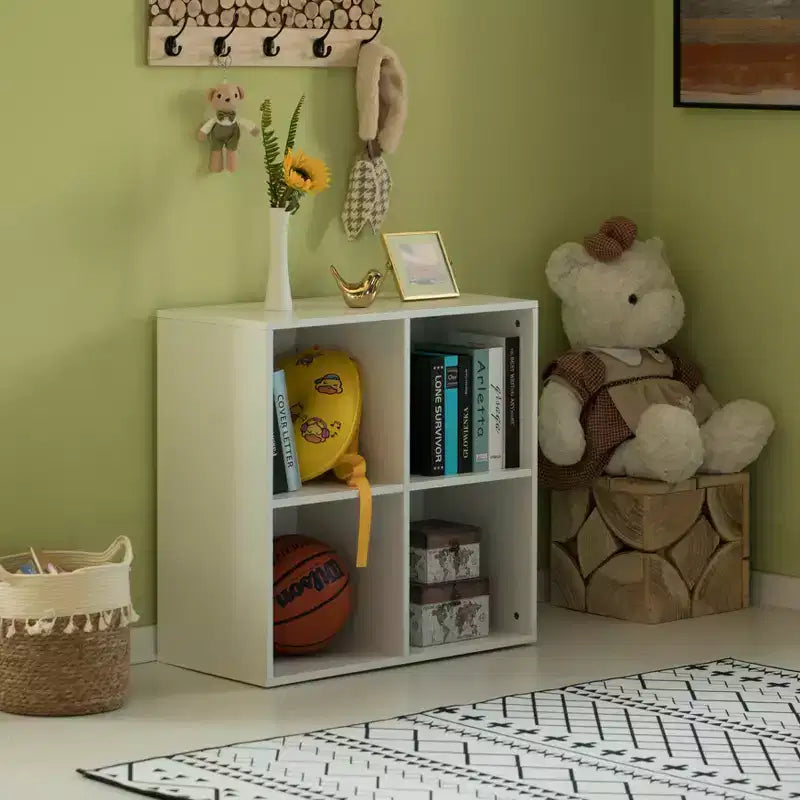 Étagère de rangement de jouets en bois moderne Basicwise, organisateur à 4 cubes, bibliothèque carrée