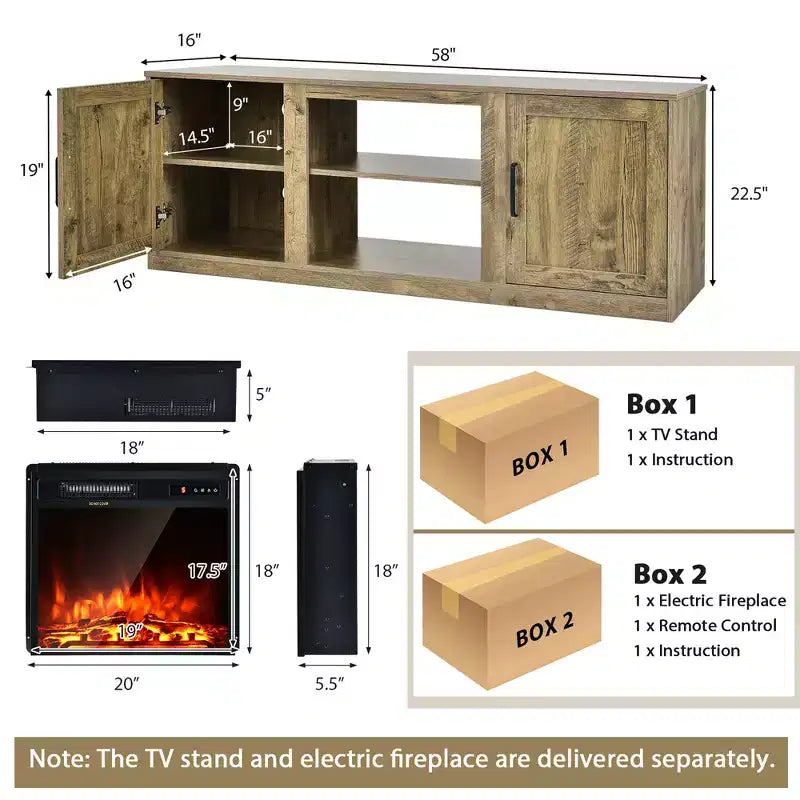 Meuble TV Costway 58" avec cheminée et console de divertissement, et foyer électrique de 18 po