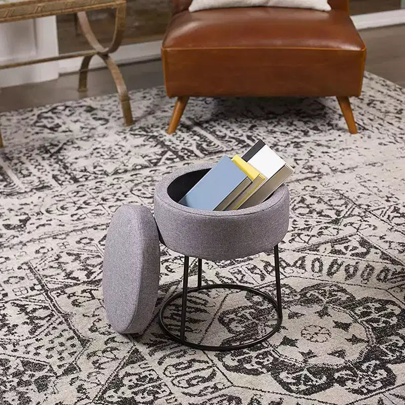 BirdRock Home Tabouret de Rangement en Lin Gris avec Base Noire - Pieds en Métal Noir