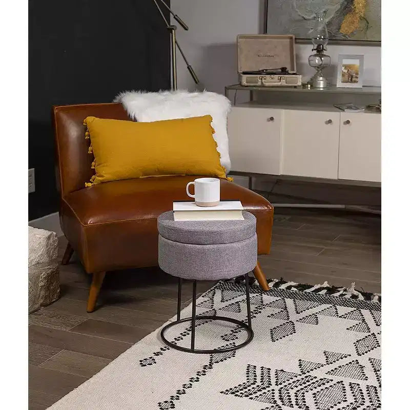 BirdRock Home Tabouret de Rangement en Lin Gris avec Base Noire - Pieds en Métal Noir