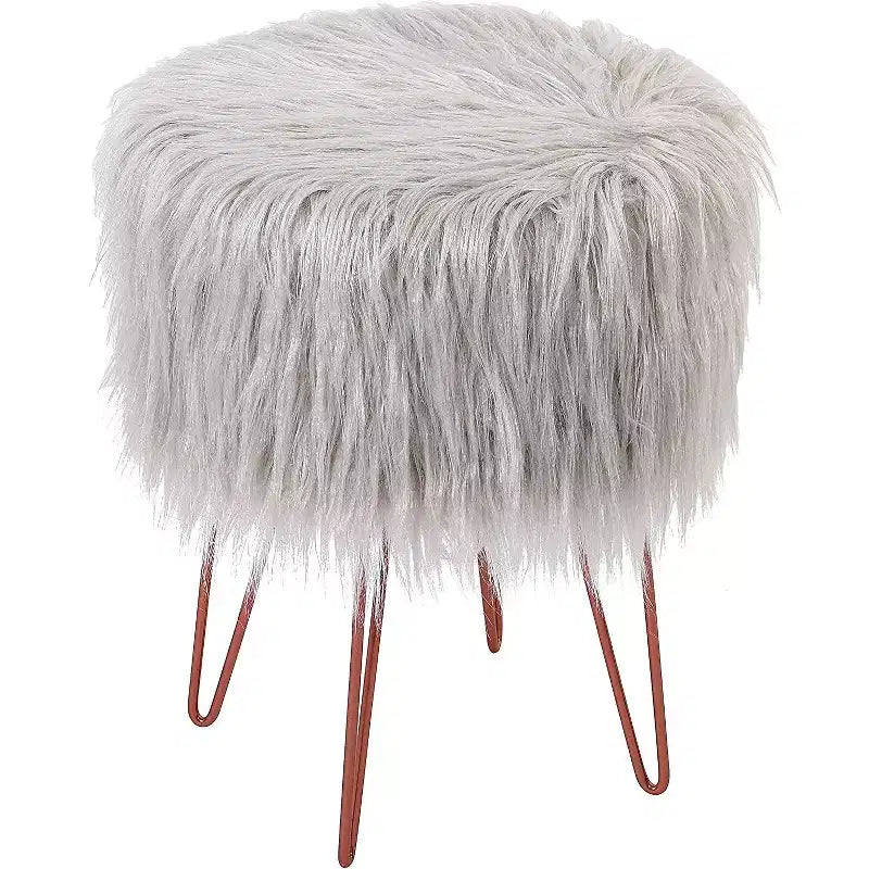 BirdRock Home Faux Fur Foot Stool Ottoman with Hair Pin Legs - Silver
