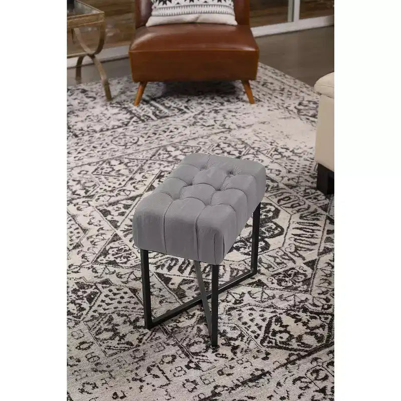BirdRock Home Pouf ottoman rectangulaire touffeté gris avec pieds noirs