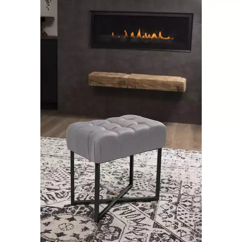 BirdRock Home Pouf ottoman rectangulaire touffeté gris avec pieds noirs