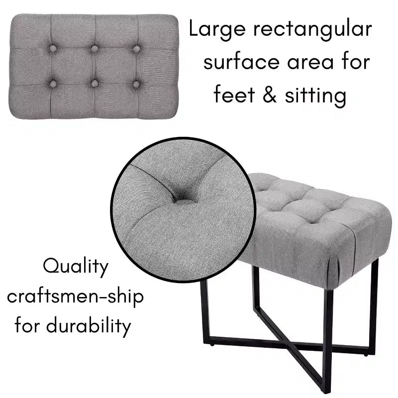 BirdRock Home Pouf ottoman rectangulaire touffeté gris avec pieds noirs