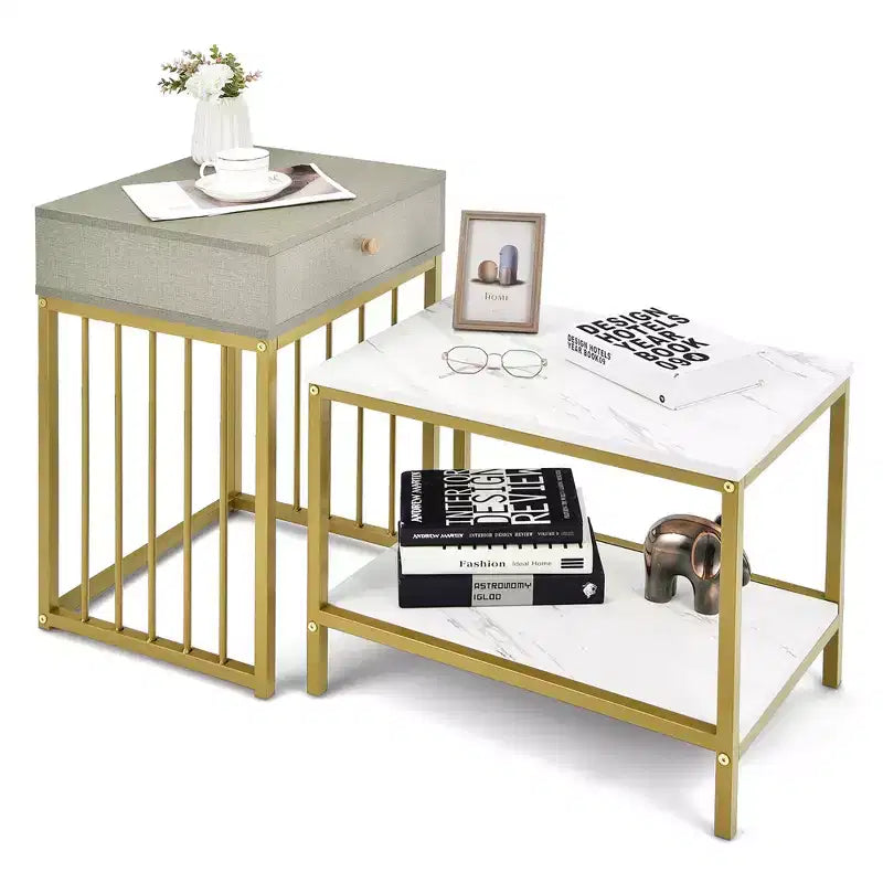 Costway Set of 2 Nesting Coffee Table Drawer Shelf Modern Sofa Side Table Steel Frame