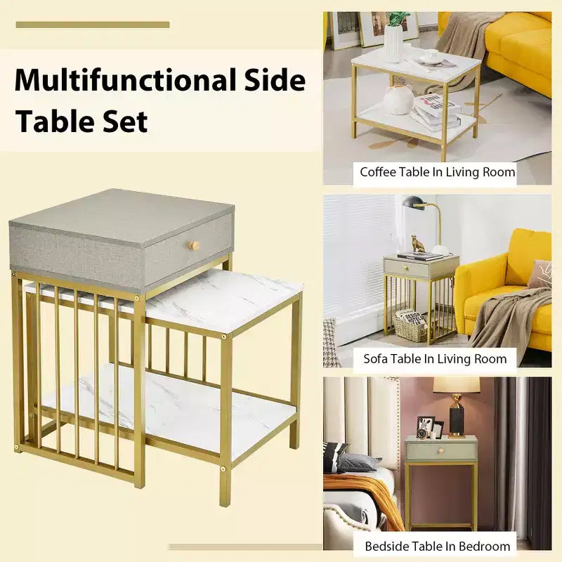 Costway Lot de 2 Tables Basses Gigognes avec Tiroir et Étagère, Table d'Appoint Moderne pour Canapé, Cadre en Acier