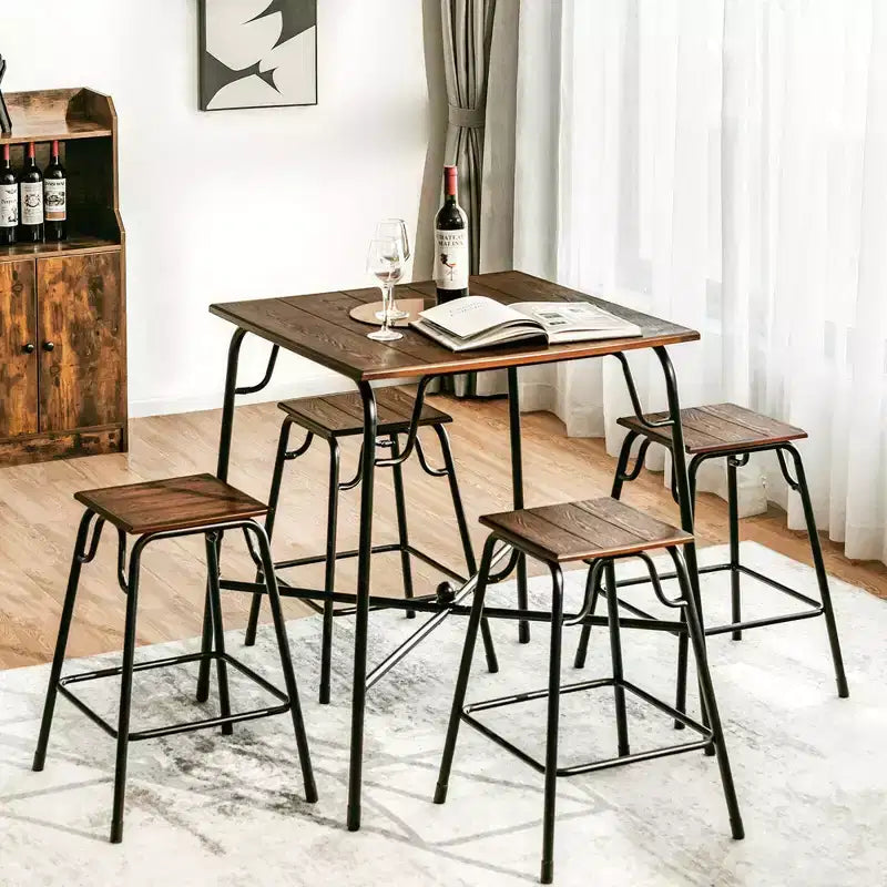 Ensemble de table de bar 5 pièces Costway avec 4 tabourets, hauteur comptoir, marron rustique
