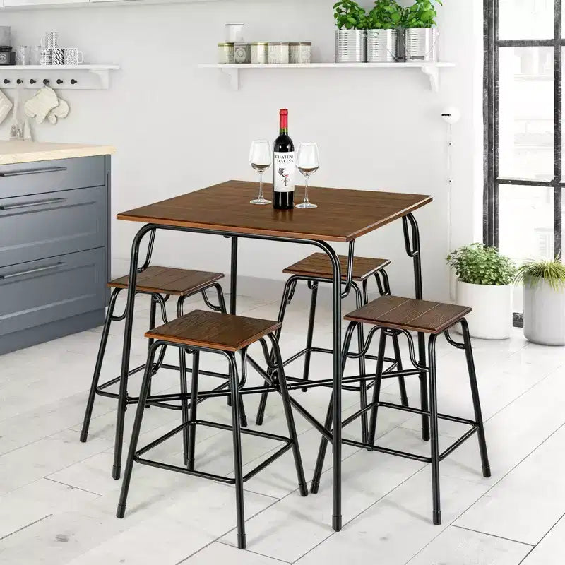 Ensemble de table de bar 5 pièces Costway avec 4 tabourets, hauteur comptoir, marron rustique