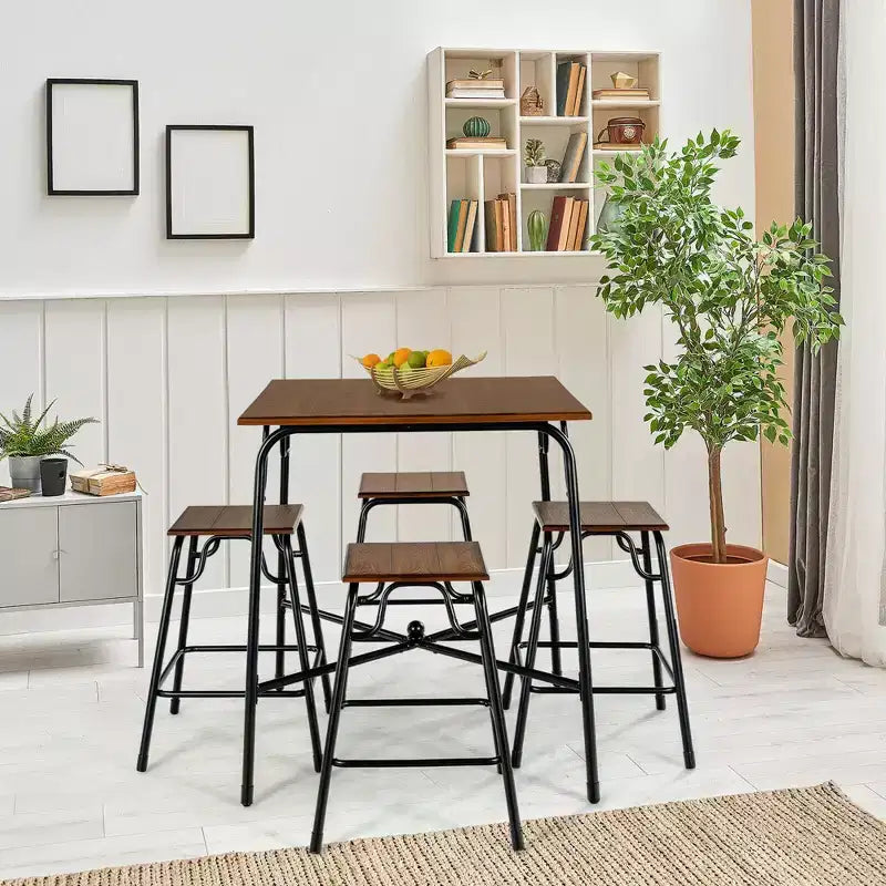 Ensemble de table de bar 5 pièces Costway avec 4 tabourets, hauteur comptoir, marron rustique