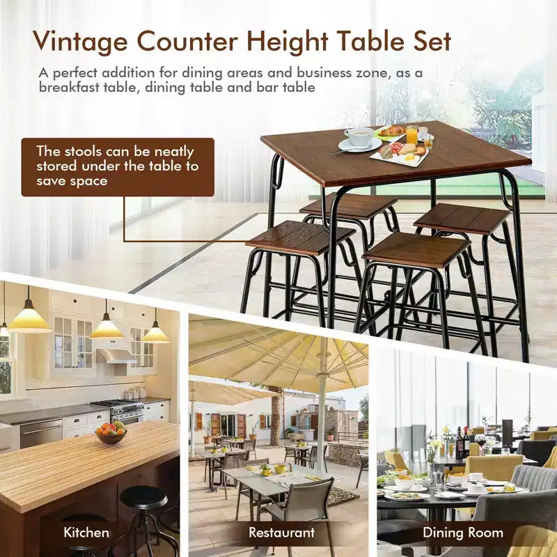 Ensemble de table de bar 5 pièces Costway avec 4 tabourets, hauteur comptoir, marron rustique