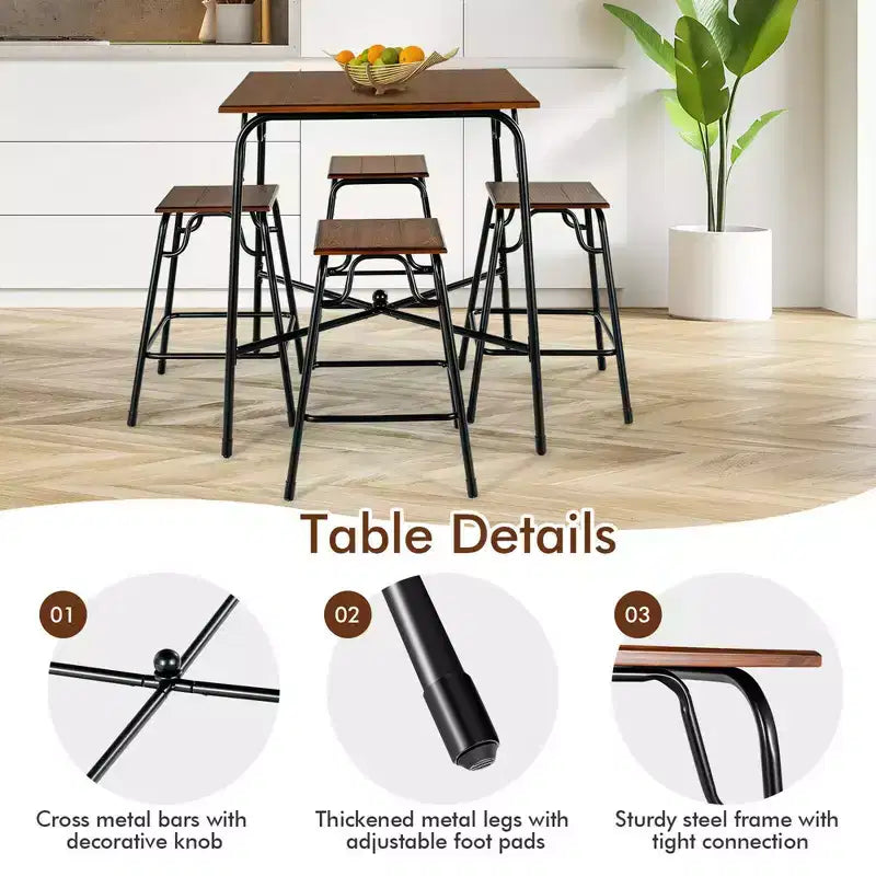 Ensemble de table de bar 5 pièces Costway avec 4 tabourets, hauteur comptoir, marron rustique